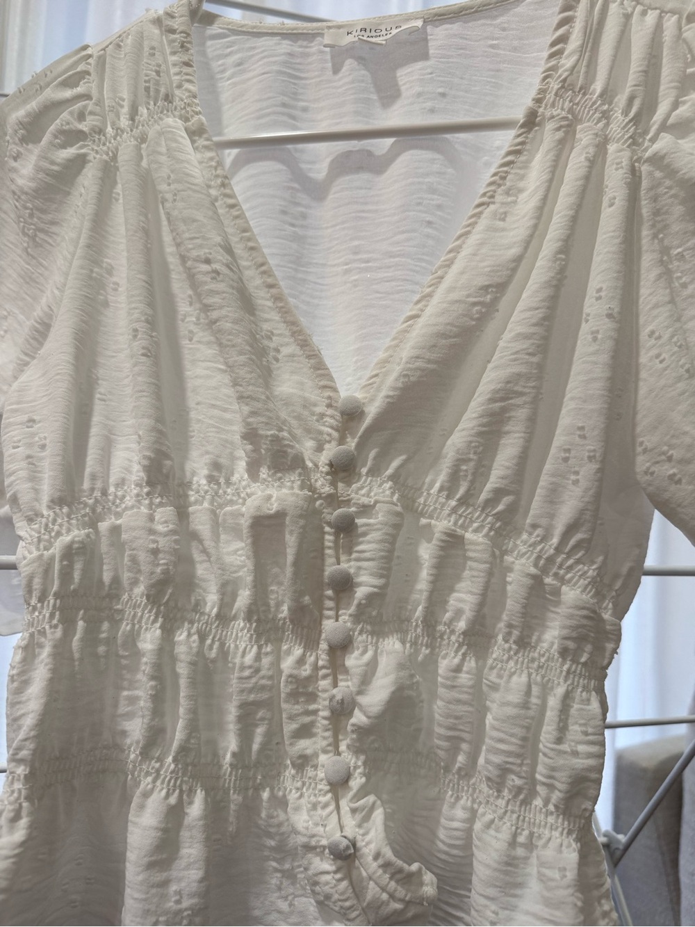 Textured White V-Neck Smocked Button-Front Blouse